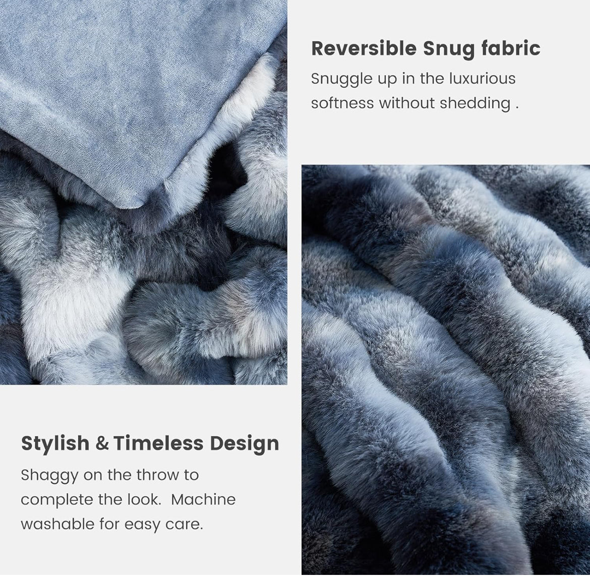 Cozy Bliss Blue Gray Faux Fur Reversible Throw Blanket Machine Washable Twin