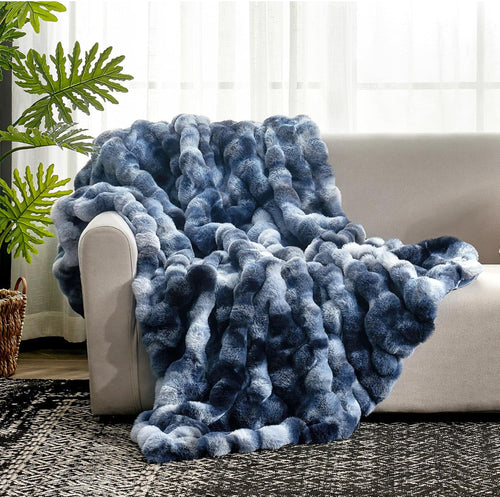 Cozy Bliss Blue Gray Faux Fur Reversible Throw Blanket Machine Washable Twin
