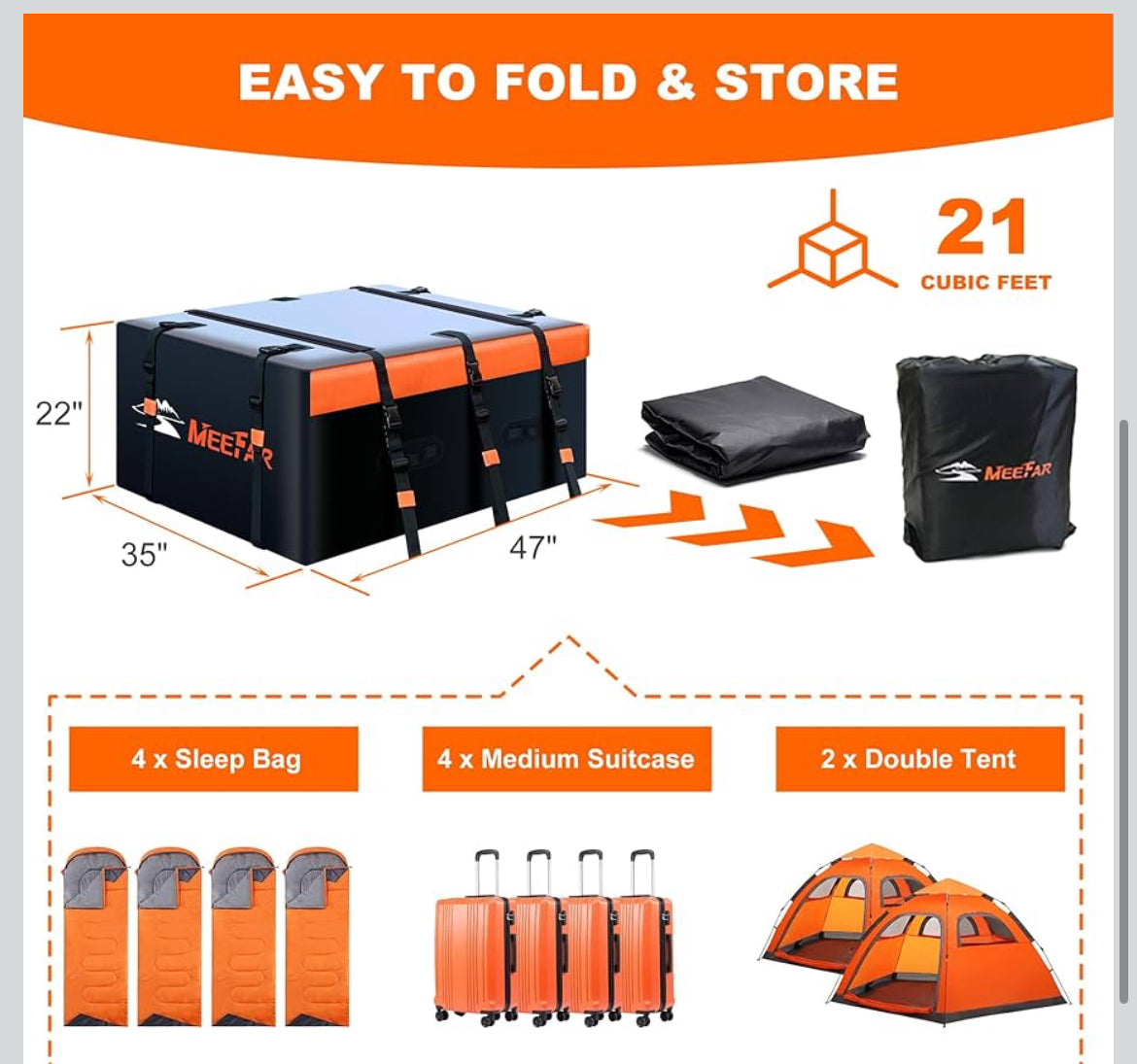 MeeFar Rooftop Cargo Carrier Car Roof Bag 21 Cubic Feet 100% Waterproof Car Top